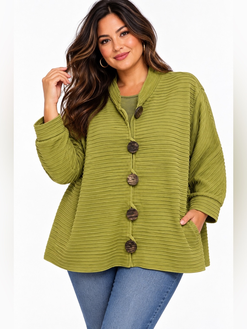 Caroline Rose Women Olive Green Ribbed Knit Button Front Cardigan Set XL *Read